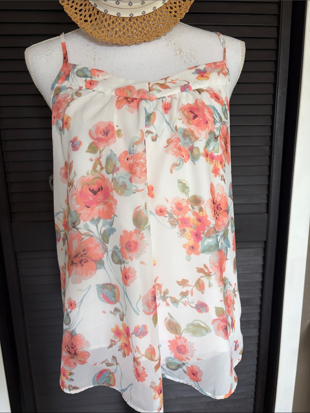Pulse Floral Cream and Coral Spaghetti Strap Tank Top
